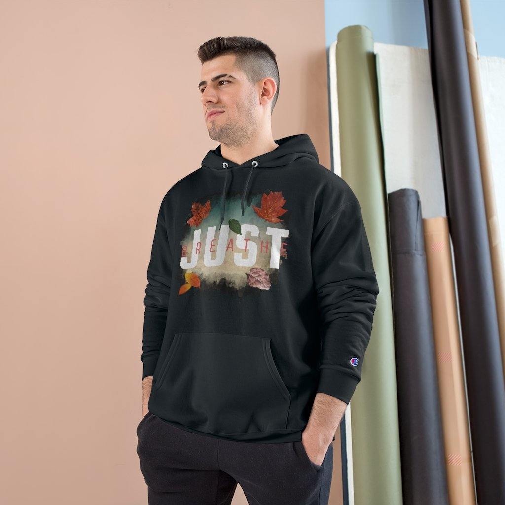 'Just Breathe' Unisex Champion Hoodie, Black - Rise Paradigm